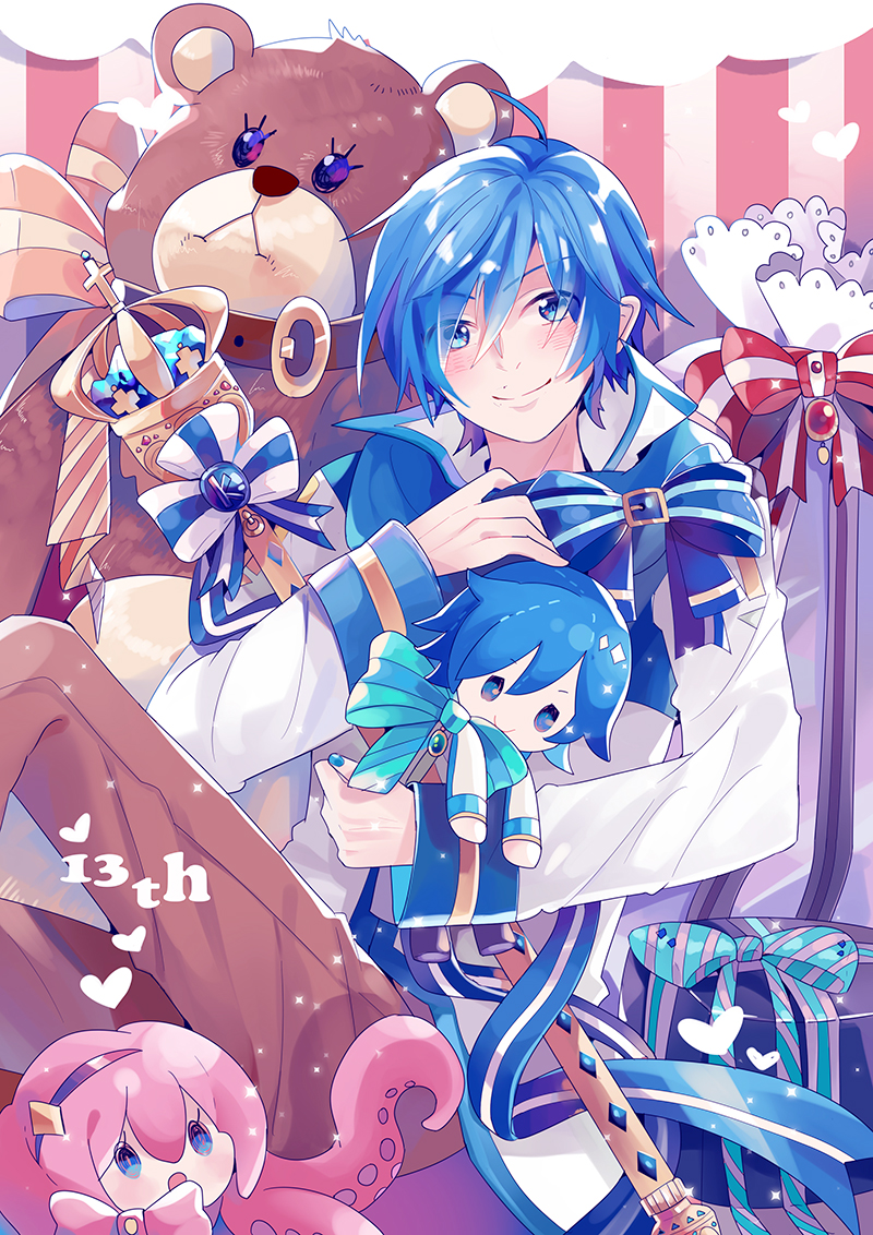 1boy anniversary blue_eyes blue_hair blue_scarf box brown_pants character_doll coat commentary doll gift gift_box heart holding holding_doll kaito linch looking_at_viewer male_focus octopus pants pink_hair ribbon scarf scepter sitting smile striped striped_background stuffed_animal stuffed_toy takoluka teddy_bear vocaloid wallpaper_(object) white_coat