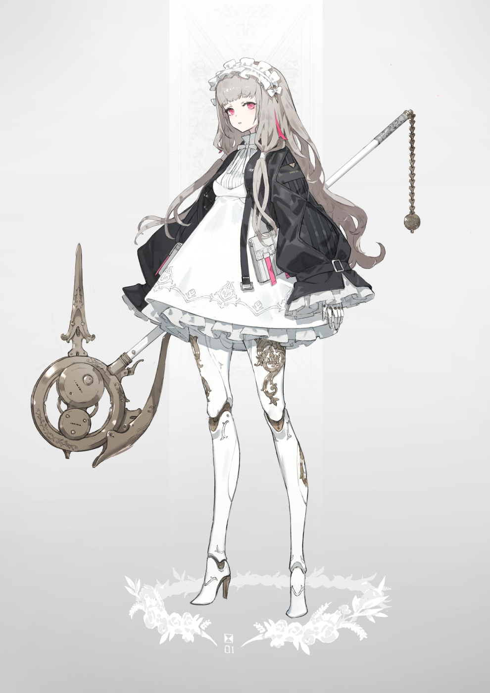 1girl bangs breasts doll_joints dress eyebrows_visible_through_hair eyes grey_hair high_heels highres holding holding_staff joints long_hair looking_at_viewer maid_headdress neco original red_eyes simple_background small_breasts solo staff wide_sleeves