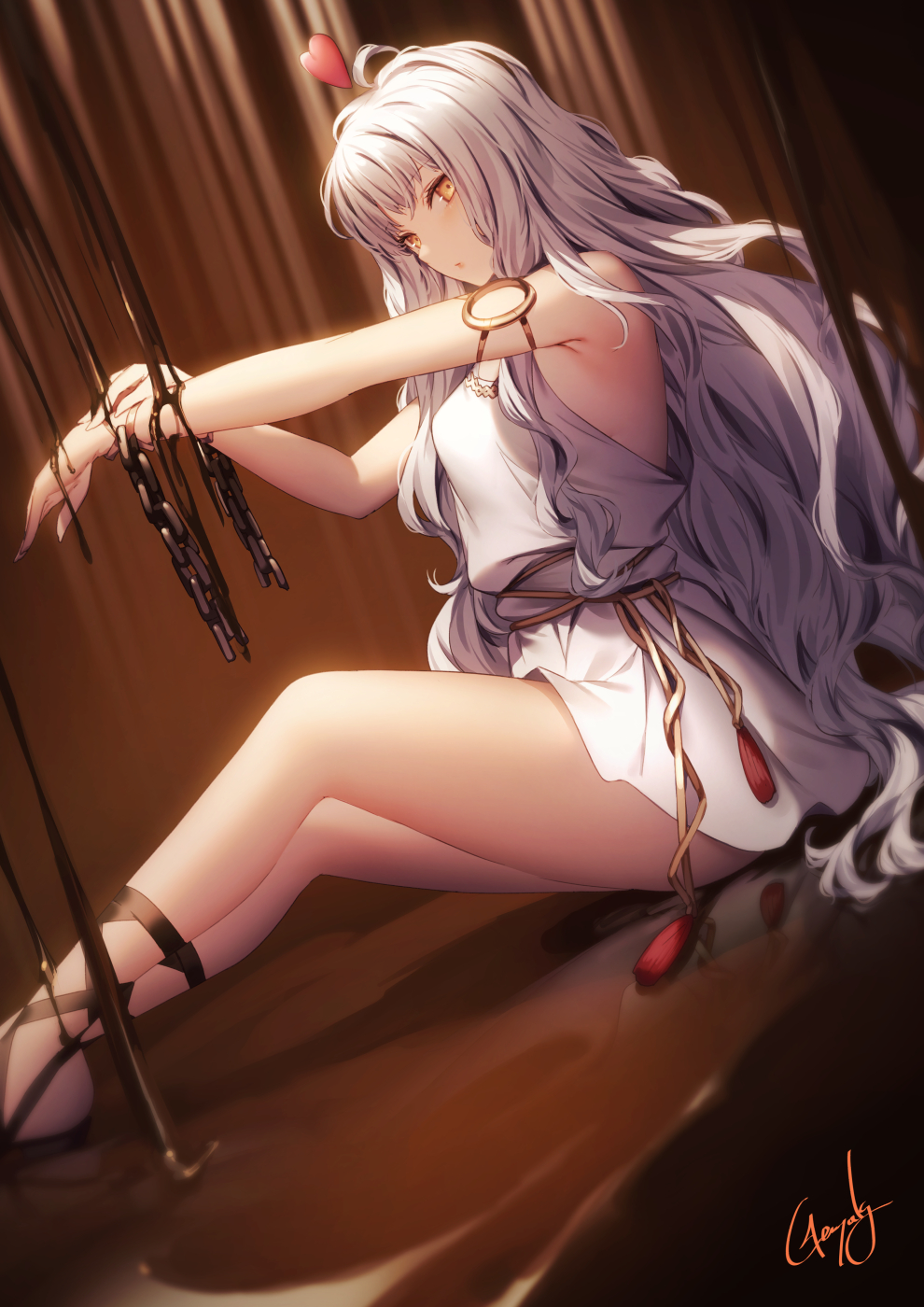 1girl armlet bangs bare_shoulders bracelet breasts caren_hortensia caren_hortensia_(amor_caren) chain chocolate collarbone dress fate/grand_order fate_(series) genyaky heart highres jewelry long_hair looking_at_viewer medium_breasts short_dress thighs wavy_hair white_dress white_hair yellow_eyes