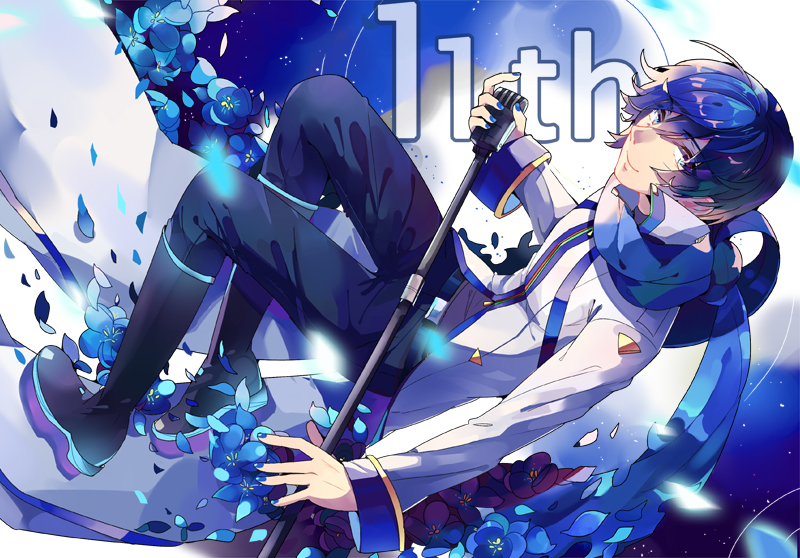 1boy anniversary blue_eyes blue_flower blue_hair blue_nails blue_pants blue_rose blue_scarf boots coat commentary flower from_above full_body holding holding_microphone holding_microphone_stand kaito kaito_(vocaloid3) knee_boots linch looking_at_viewer male_focus microphone microphone_stand nail_polish neon_trim pants petals rose scarf sideways sideways_glance smile solo vocaloid white_coat