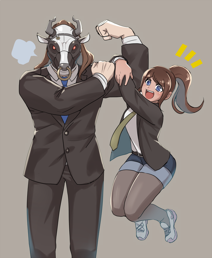 1boy 1girl :d asahina_aoi bangs belt black_jacket blue_eyes blue_neckwear brown_hair commentary_request cow_mask dangan_ronpa_(series) dangan_ronpa_3_(anime) denim denim_shorts feet_out_of_frame flexing formal great_gozu grey_legwear hanging jacket legwear_under_shorts long_hair long_sleeves looking_at_viewer mask medium_hair necktie nose_piercing nose_ring official_alternate_costume open_mouth pantyhose piercing ponytail pose shirt shoes short_shorts shorts sketti smile suit