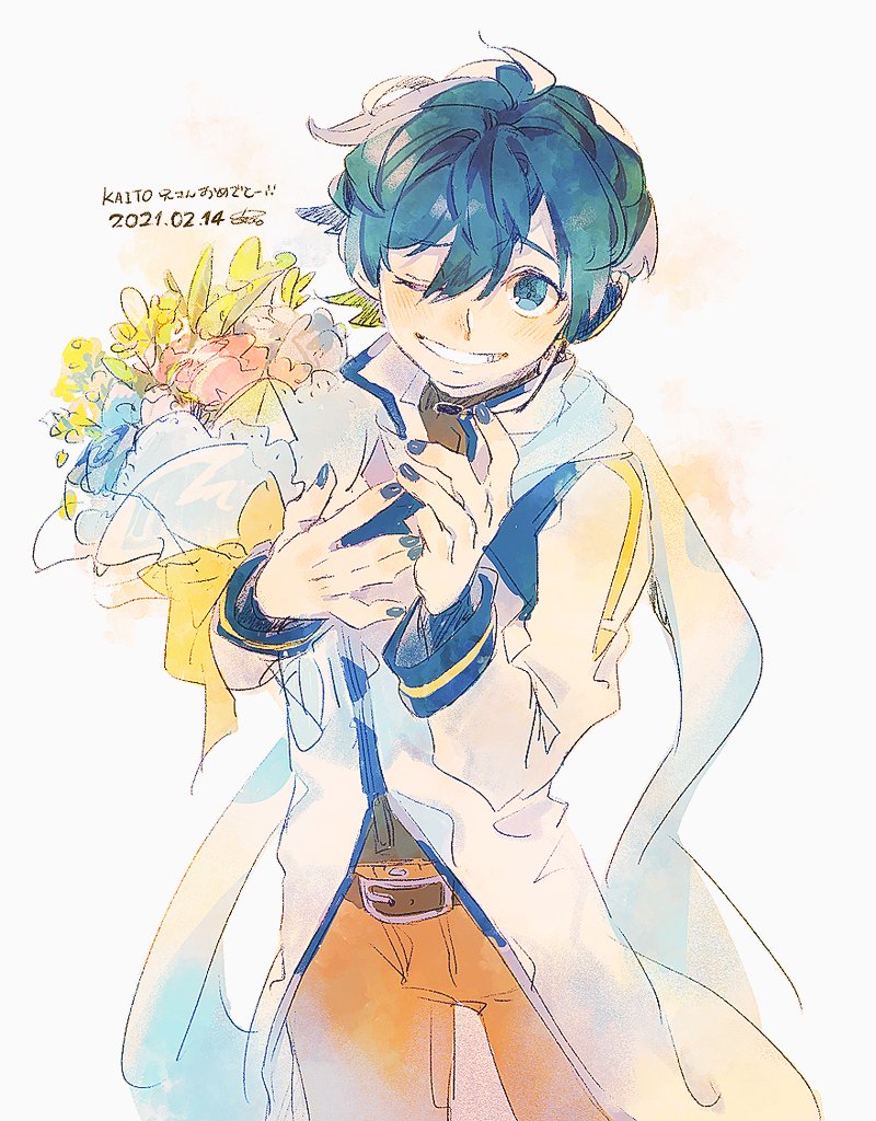 1boy 8'108 anniversary belt black_shirt blue_eyes blue_hair blue_nails bouquet brown_pants character_name coat commentary cowboy_shot dated flower grin headset holding holding_bouquet kaito looking_at_viewer male_focus nail_polish pants shirt smile standing vocaloid white_background white_coat