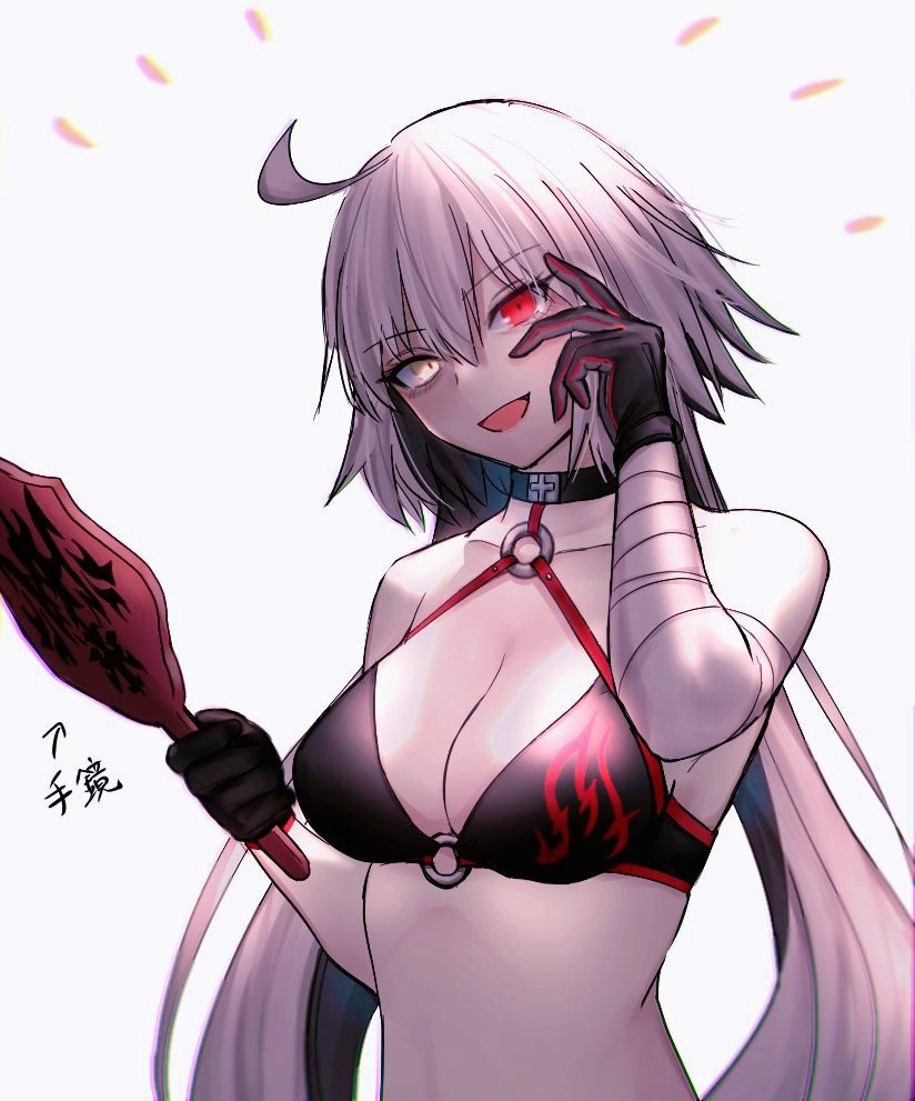 1girl ahoge bikini breasts eyebrows_visible_through_hair fate/grand_order fate_(series) gloves heterochromia holding holding_weapon jeanne_d'arc_(alter)_(fate) jeanne_d'arc_(alter_swimsuit_berserker)_(fate) jeanne_d'arc_(fate)_(all) open_mouth red_eyes roro_982 smile swimsuit white_background white_hair yellow_eyes