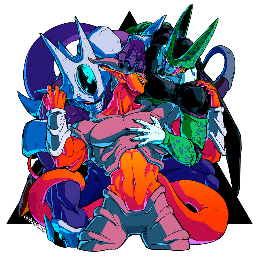 3boys artist_name black_nails cell_(dragon_ball) colored_skin commentary_request cooler_(dragon_ball) dragon_ball hand_on_another's_chest hand_on_another's_head janemba kokusoji male_focus multiple_boys navel open_mouth orange_skin parted_lips perfect_cell sketch tail teeth