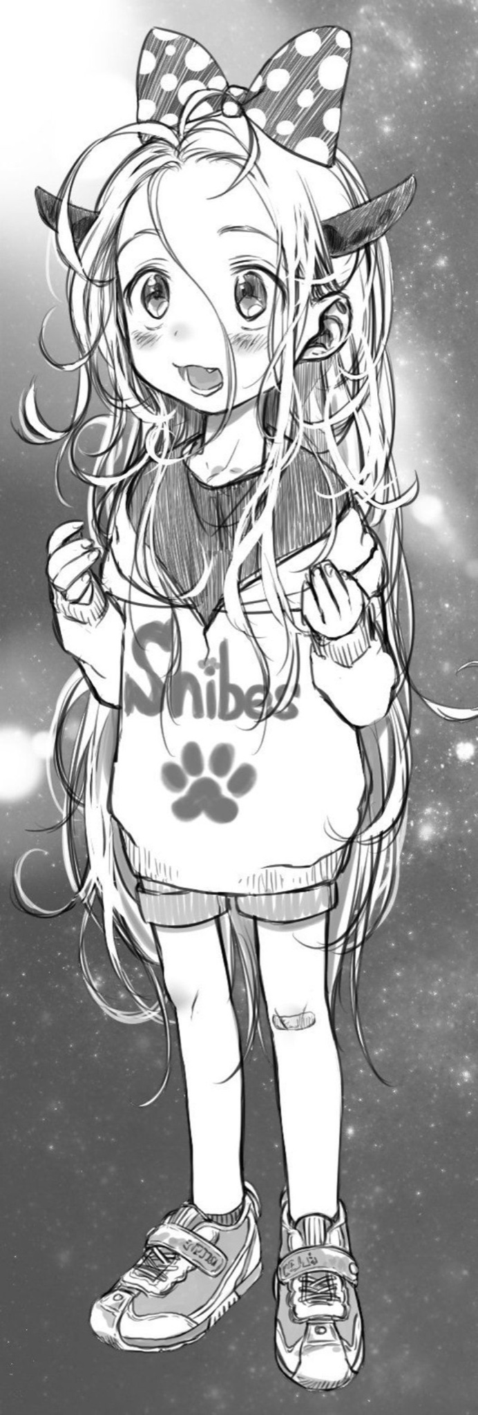 1girl :d antenna_hair bandaid bandaid_on_knee bosako_(haguhagu) bow full_body greyscale haguhagu_(rinjuu_circus) hair_bow hands_up highres hood hood_down hoodie horns long_hair long_sleeves messy_hair monochrome open_mouth original paw_print polka_dot polka_dot_bow shoes smile solo standing very_long_hair