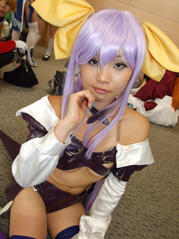 brabelt cosplay dizzy guilty_gear hair_bows onihara_akira open_dress purple_hair thigh-highs under_boob