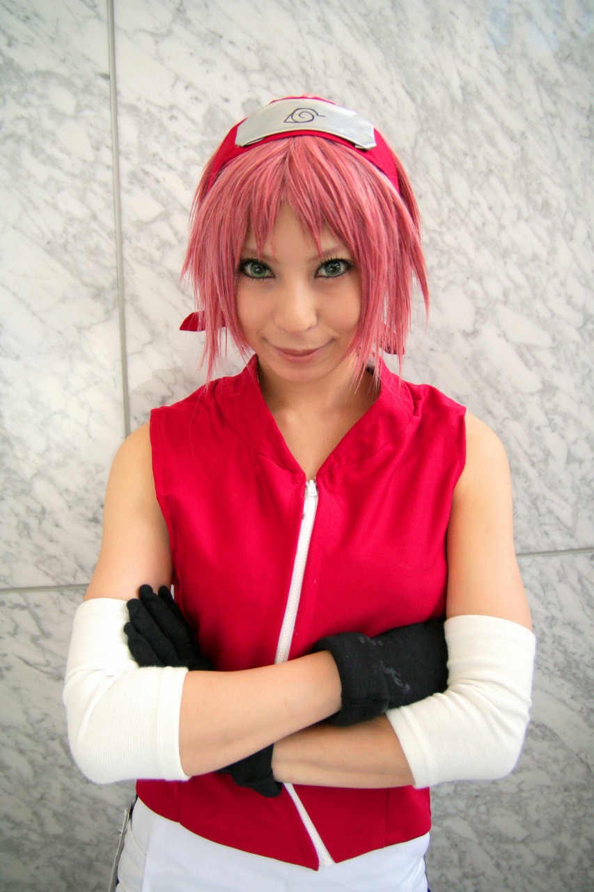 ari cosplay elbowpads gloves haruno_sakura headband naruto pink_hair