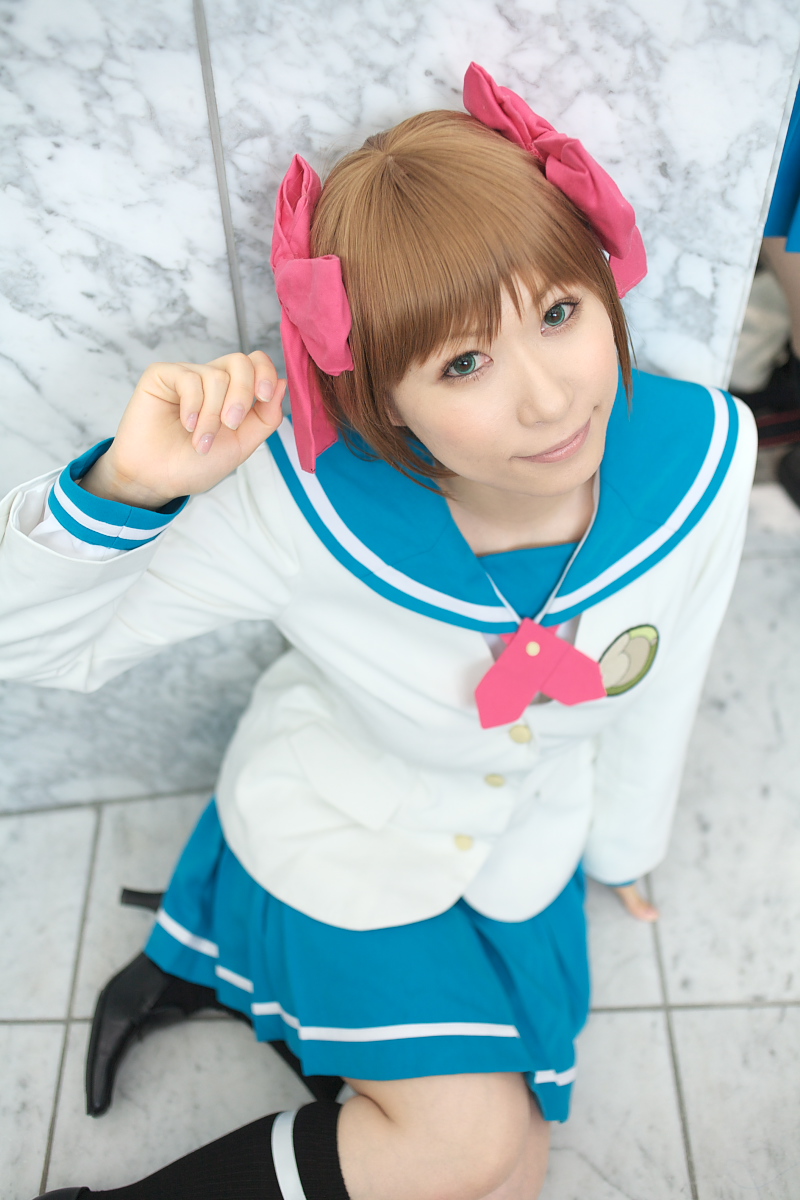 amami_haruka chippi cosplay hair_bows idolmaster_xenoglossia knee_socks photo school_uniform