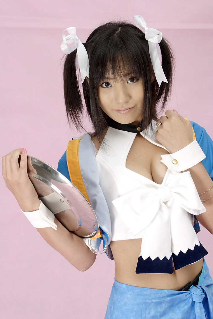 aizawa_tomomi apron cleavage cosplay hair_ribbons pia_carrot pia_carrot_3 suzukaze_yuuki twintails waitress