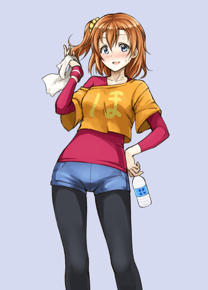 1girl casual drawfag kousaka_honoka legwear_under_shorts long_sleeves love_live!_school_idol_project pantyhose shorts side_ponytail solo sweat tagme towel