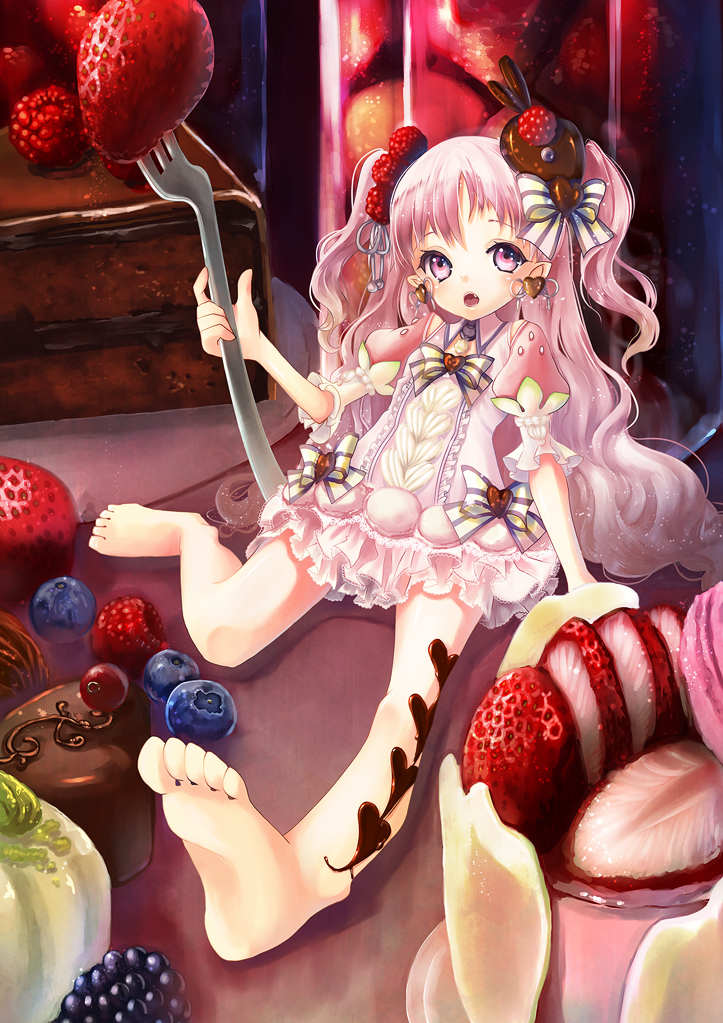 1girl barefoot blueberry cake chocolate dress earrings food food_as_clothes food_themed_clothes food_themed_ornament fork fruit hair_ornament hane_segawa jewelry long_hair original oversized_object parfait pink_eyes pink_hair raspberry strawberry twintails
