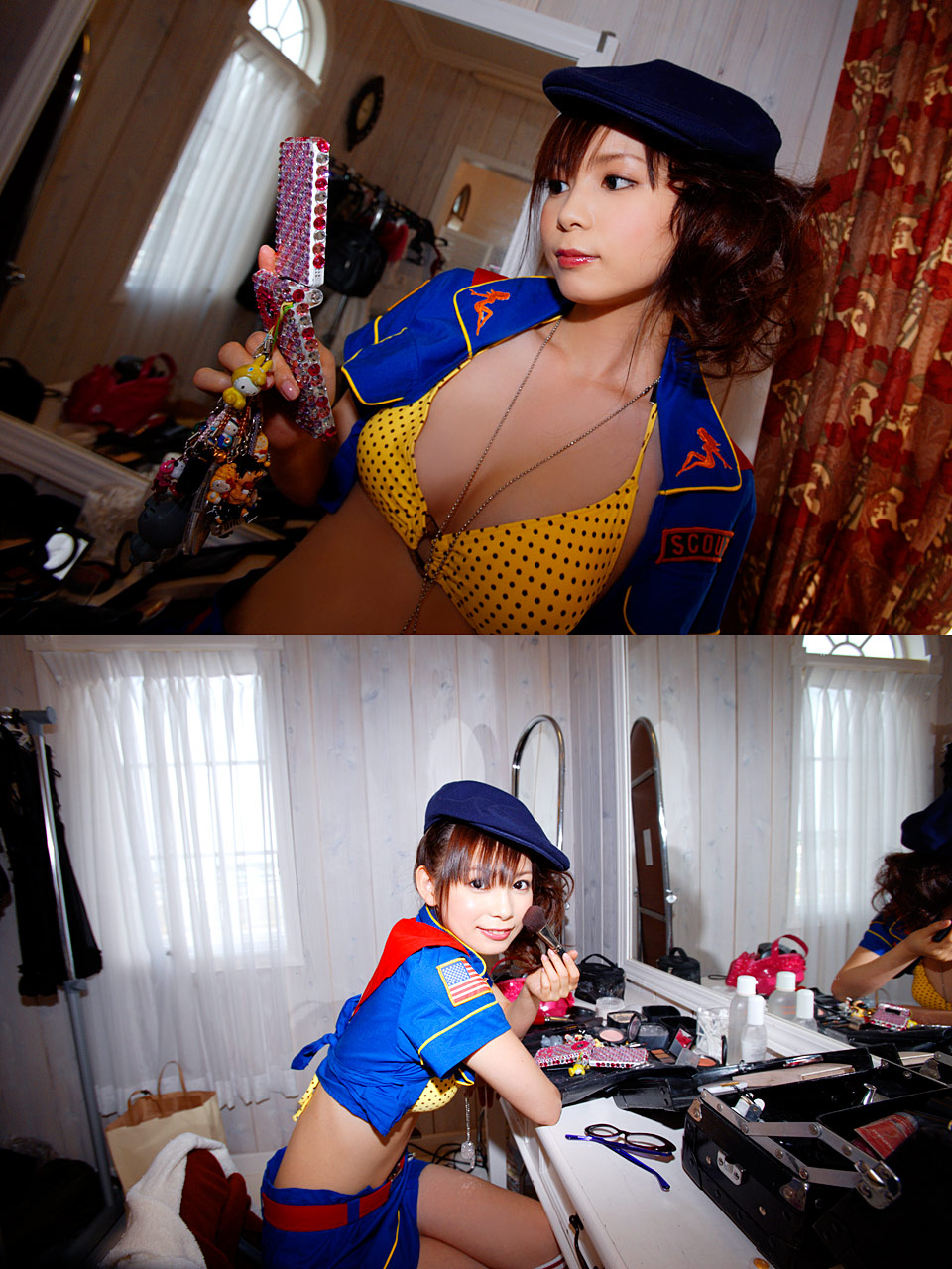 beret bra cellphone cosplay nakagawa_shoko open_shirt police_uniform policewoman polka_dots