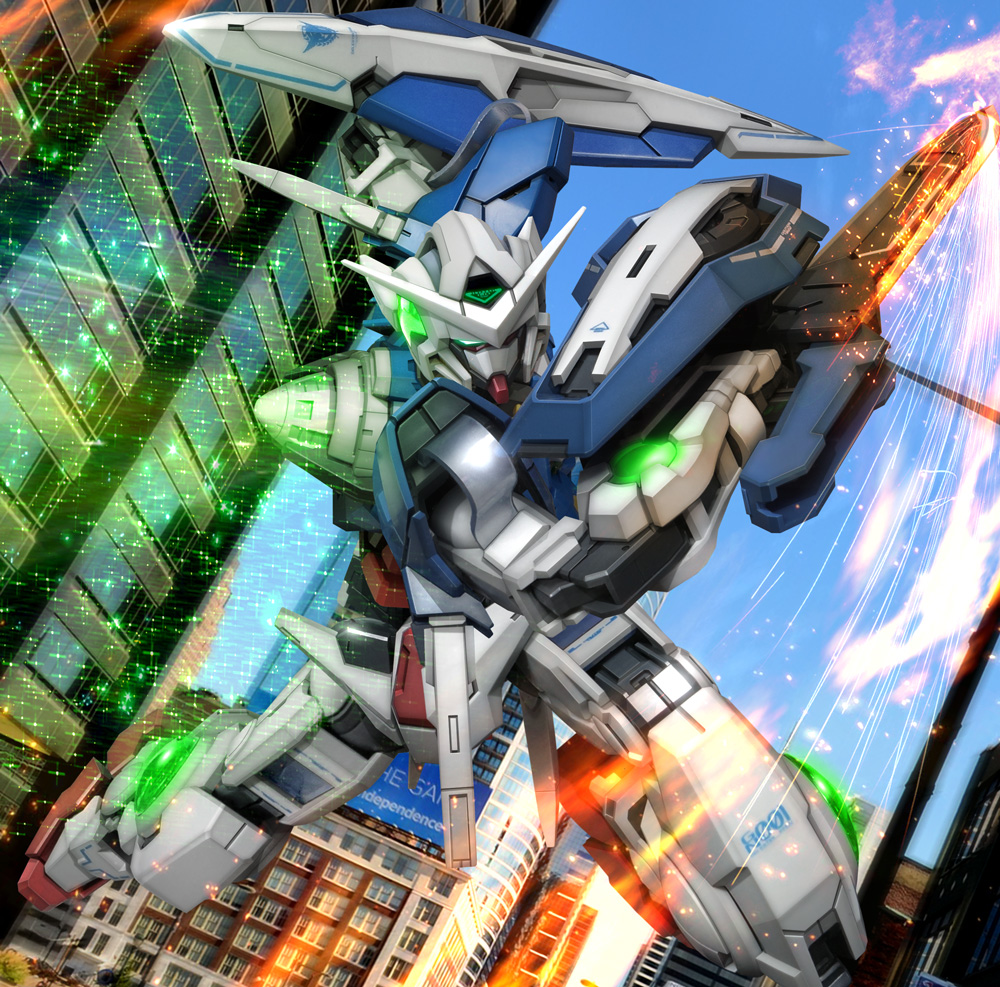 city exia glowing glowing_eyes gn_drive green_eyes gundam gundam_00 hiropon_(tasogare_no_puu) light_particles mecha no_humans photo_background shield sky solo sparks sword weapon