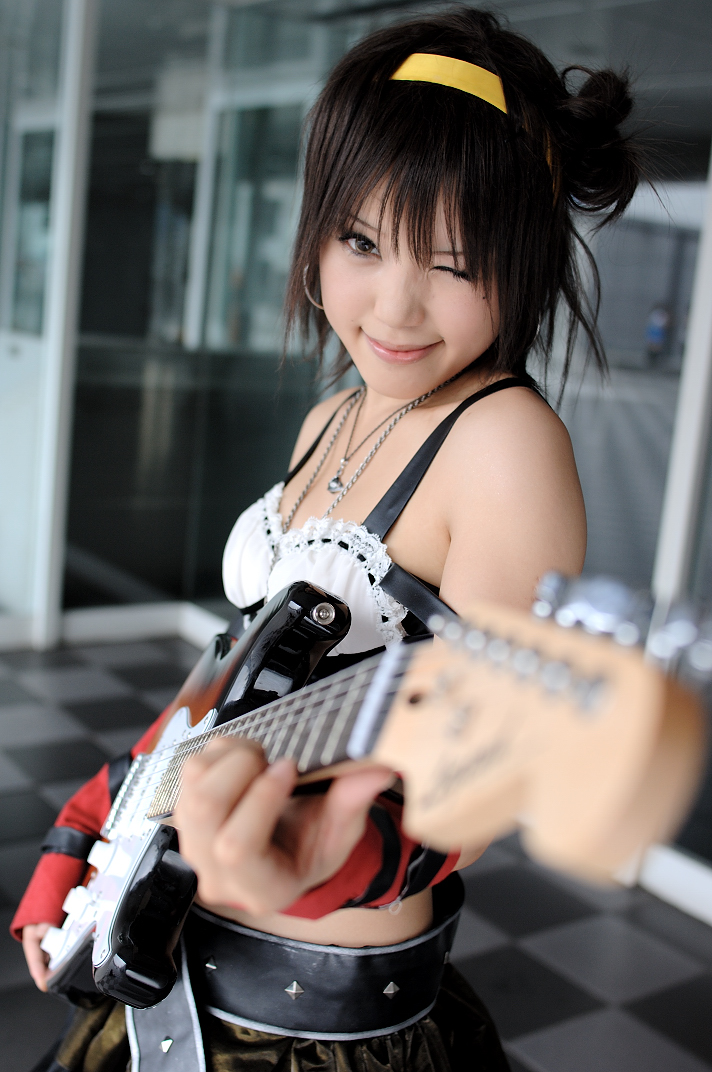 1girl belt cosplay elbow_gloves guitar hairband kipi-san photo solo stratocaster suzumiya_haruhi suzumiya_haruhi_(cosplay) suzumiya_haruhi_no_yuuutsu wink