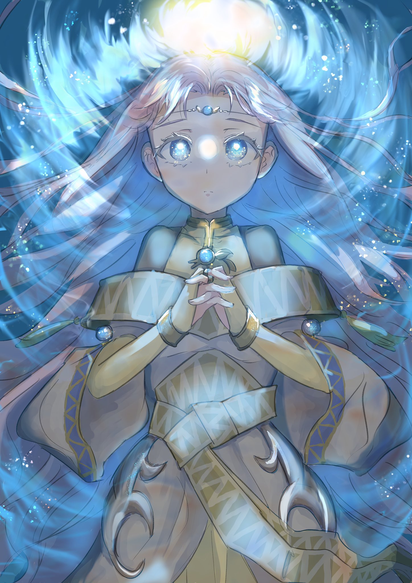 1girl blue_eyes breasts circlet eyebrows_visible_through_hair fire_emblem fire_emblem:_thracia_776 hair_ornament hands_together highres jewelry light light_rays long_hair looking_at_viewer purple_hair sara_(fire_emblem) sketch sleeve_cuffs sparkle sparkling_eyes tesuragi upper_body