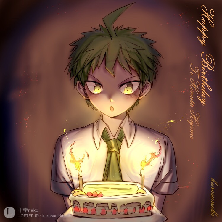 1boy :o ahoge androgynous arms_at_sides bangs birthday birthday_cake brown_hair cake candle collared_shirt commentary_request cross_neko dangan_ronpa_(series) dangan_ronpa_2:_goodbye_despair dated english_text food fruit gradient gradient_background happy_birthday hinata_hajime looking_at_viewer male_focus necktie open_mouth shirt short_hair short_sleeves solo strawberry upper_body white_shirt