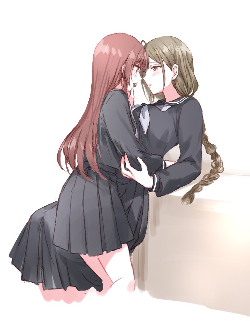 2girls ahoge bangs black_sailor_collar black_serafuku black_shirt black_skirt blush braid braided_ponytail breasts brown_eyes brown_hair chocolate eye_contact eyebrows_visible_through_hair face-to-face hug idolmaster idolmaster_shiny_colors kuwayama_chiyuki large_breasts long_braid long_hair long_sleeves looking_at_another mouth_hold multiple_girls neckerchief oosaki_amana pleated_skirt romi_(346_ura) sailor_collar school_uniform serafuku shirt single_braid skirt swept_bangs white_neckwear yellow_eyes yuri