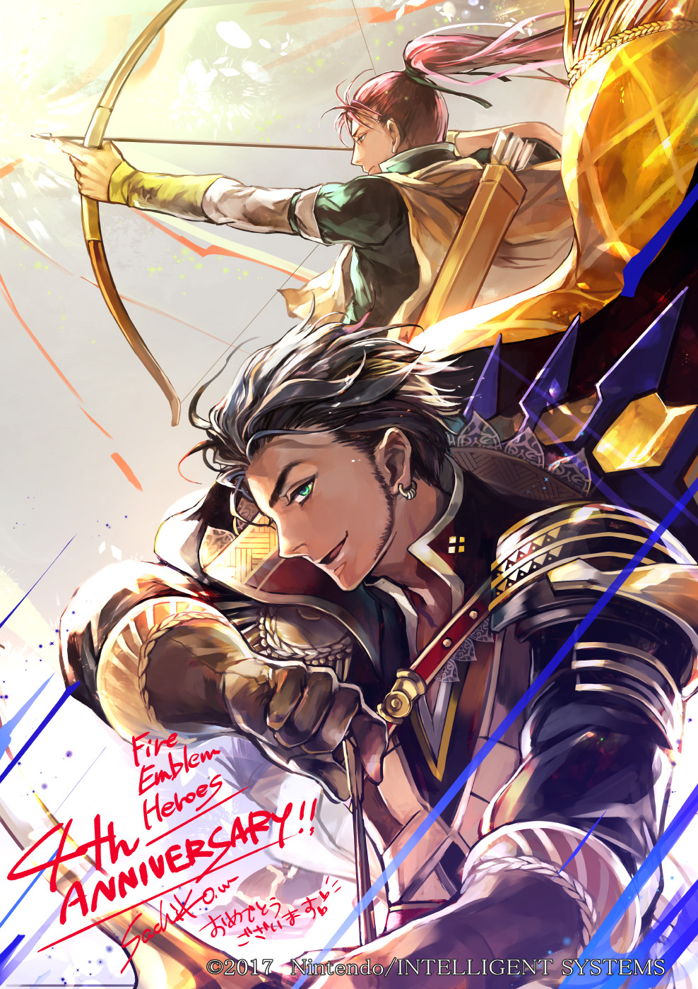 2boys black_hair blue_eyes bow_(weapon) claude_von_riegan earrings facial_hair fire_emblem fire_emblem:_path_of_radiance fire_emblem:_radiant_dawn fire_emblem:_three_houses fire_emblem_heroes gloves highres holding holding_weapon jewelry looking_at_viewer looking_away multiple_boys ponytail redhead shinon_(fire_emblem) wada_sachiko weapon