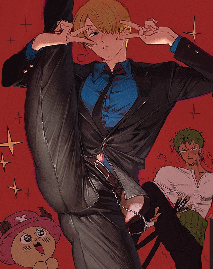 3boys :3 =3 antlers bangs black_eyes black_neckwear black_pants blonde_hair blue_shirt blush closed_mouth double_v formal green_hair hair_over_one_eye hat jacket katana leg_lift leg_up long_sleeves male_focus multiple_boys necktie one_piece open_mouth pants red_background roronoa_zoro runa_(artist) sanji sheath shirt simple_background sparkle suit sweat sword tony_tony_chopper v v_over_eye weapon white