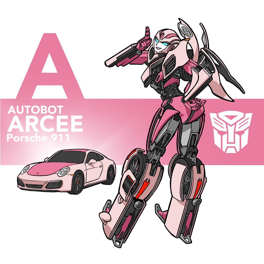 1girl arcee autobot blue_eyes car character_name english_commentary ground_vehicle hand_on_hip leaning_forward looking_back mecha motor_vehicle no_humans pointing porsche porsche_911 procreate_(medium) science_fiction smile theamazingspino transformers