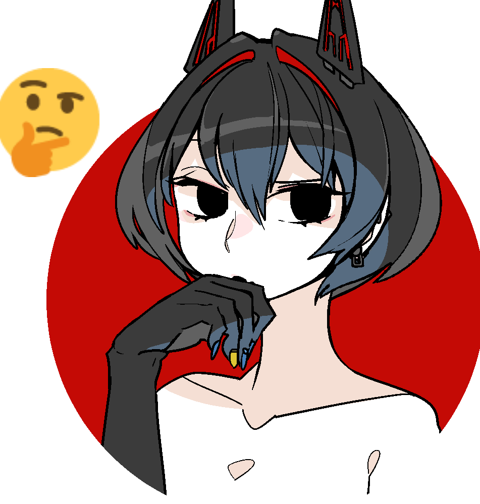 1girl animal_ears black_eyes black_hair blue_nails cat_ears colored_skin completely_nude earrings emoji fingernails hair_between_eyes hand_up jewelry kokubunji_suou kuroi_moyamoya looking_at_viewer mechanical_ears mole mole_under_mouth multicolored multicolored_nails nail_polish nude original red_background short_hair solo thinking white_skin yellow_nails