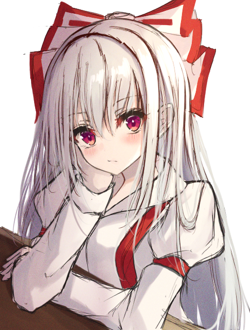 arm_rest armband blush commentary elbow_rest elbows_on_table expressionless eyebrows_visible_through_hair fujiwara_no_mokou hair_between_eyes hair_ribbon head_rest head_tilt kure:kuroha long_hair long_sleeves looking_at_viewer ponytail red_eyes ribbon shirt silver_hair simple_background sketch suspenders touhou upper_body very_long_hair white_background white_shirt
