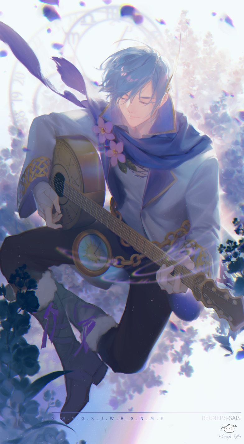 1boy blue_hair boots chain clock closed_eyes flower guitar highres instrument kaito logo male_focus music petals playing_instrument scarf short_hair signature smile solo spencer_sais vocaloid wind