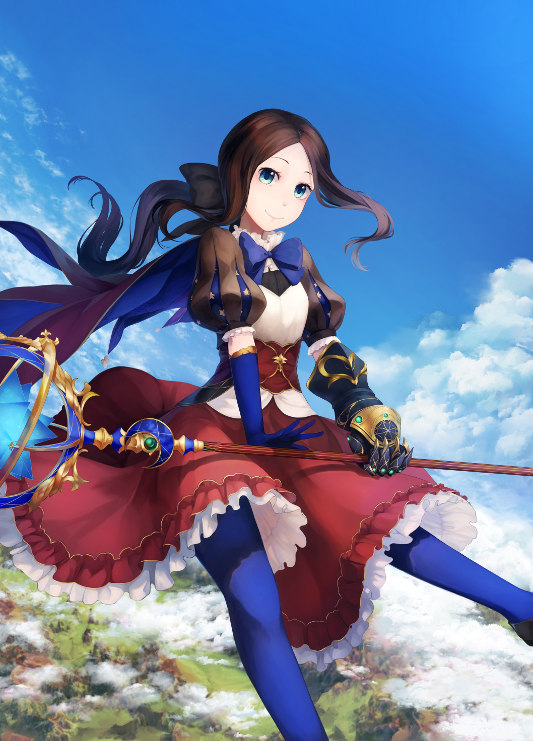 1girl bangs black_bow blue_bow blue_eyes blue_gloves blue_legwear bow brown_hair cape cloud dress fate/grand fate_(series) feet_out_of_frame gauntlets gloves hair_bow highres leonardo_da_vinci_(fate) leonardo_da_vinci_(rider)_(fate) long_hair mori_yashiro_(konkon_oyashiro) order pantyhose parted_bangs ponytail puff_and_slash_sleeves puffy_short_sleeves puffy_sleeves red_dress short_sleeves single_gauntlet sky smile solo staff