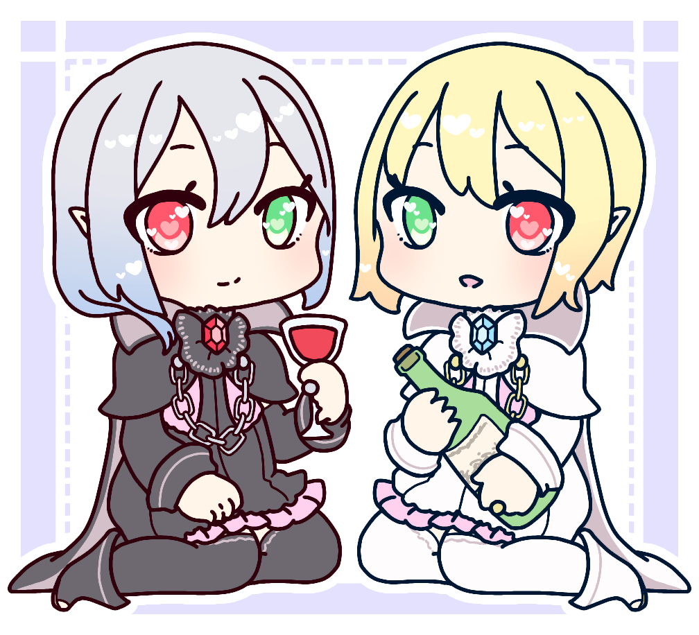 2girls alcohol black_capelet black_dress black_footwear black_legwear blonde_hair blush boots border bottle capelet chain chibi closed_mouth commentary_request crystal cup dress drinking_glass frilled_dress frills full_body green_eyes hand_up heart heart-shaped_pupils heart_in_eye heterochromia holding iris_blanche iris_noire light_blush looking_at_viewer muguet multiple_girls open_mouth outline pantyhose red_eyes rune_factory rune_factory_frontier shiny shiny_hair siblings silver_hair sisters sitting smile symbol-shaped_pupils symbol_in_eye thigh-highs white_capelet white_dress white_footwear white_legwear white_outline wine wine_bottle wine_glass