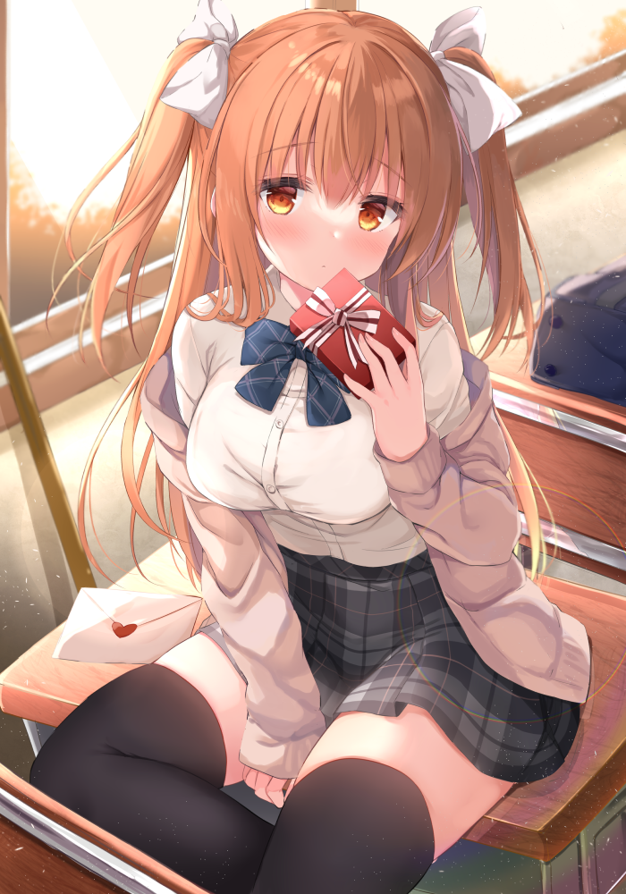 1girl arm_support bag black_legwear bow box breasts brown_cardigan brown_hair cardigan chair collared_shirt commentary_request desk dress_shirt envelope gift gift_box grey_skirt hair_bow hand_up heart holding holding_gift indoors kujou_danbo long_hair long_sleeves looking_at_viewer love_letter medium_breasts off_shoulder on_desk open_cardigan open_clothes original plaid plaid_skirt pleated_skirt school_bag school_chair school_desk school_uniform shirt sitting sitting_on_desk skirt sleeves_past_wrists solo thigh-highs two_side_up very_long_hair white_bow white_shirt window