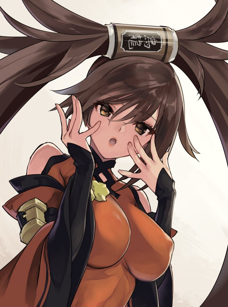 1girl bangs bare_shoulders breasts brown_eyes brown_hair china_dress chinese_clothes covered_nipples dress eyebrows_visible_through_hair guilty_gear guilty_gear_xrd hair_between_eyes hair_ring hand_on_own_face jako_(toyprn) kuradoberi_jam large_breasts long_hair long_sleeves looking_at_viewer open_mouth solo tin_can twintails white_background wide_sleeves