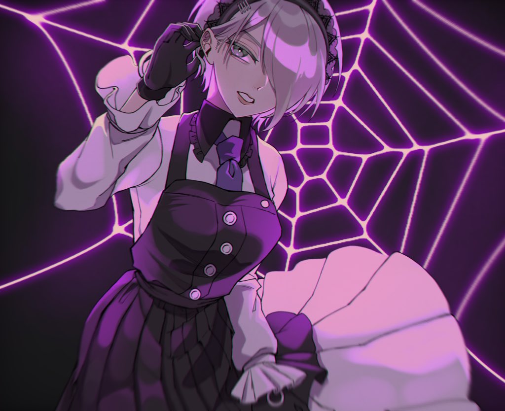 1girl bangs black_dress black_gloves breasts collared_shirt commentary_request dangan_ronpa_(series) dangan_ronpa_v3:_killing_harmony dress frills gloves green_eyes hair_ornament hair_over_one_eye hand_in_hair hand_up long_sleeves looking_at_viewer maid_headdress necktie niwatori_panda open_mouth pinafore_dress purple_background purple_neckwear shirt short_hair silk smile solo spider_web teeth toujou_kirumi two-tone_background upper_body violet_eyes white_shirt