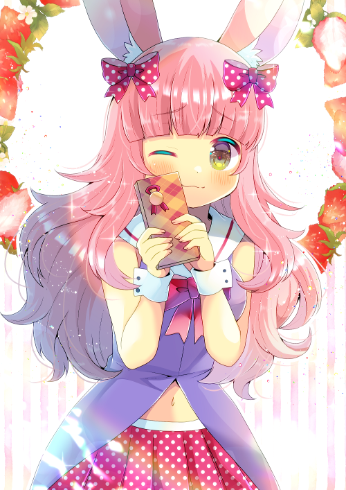 1girl ;3 animal_ear_fluff animal_ears bangs bare_shoulders blush bow box brown_eyes closed_mouth commentary_request dress eyebrows_visible_through_hair flower food fruit gift gift_box hair_bow hands_up holding holding_gift indie_virtual_youtuber kouu_hiyoyo long_hair looking_at_viewer magical_momoka navel one_eye_closed pink_hair plaid pleated_skirt polka_dot polka_dot_bow polka_dot_skirt purple_dress rabbit_ears red_bow red_skirt sailor_collar skirt sleeveless sleeveless_dress solo strawberry strawberry_blossoms striped striped_background vertical_stripes very_long_hair virtual_youtuber white_background white_flower white_sailor_collar wrist_cuffs