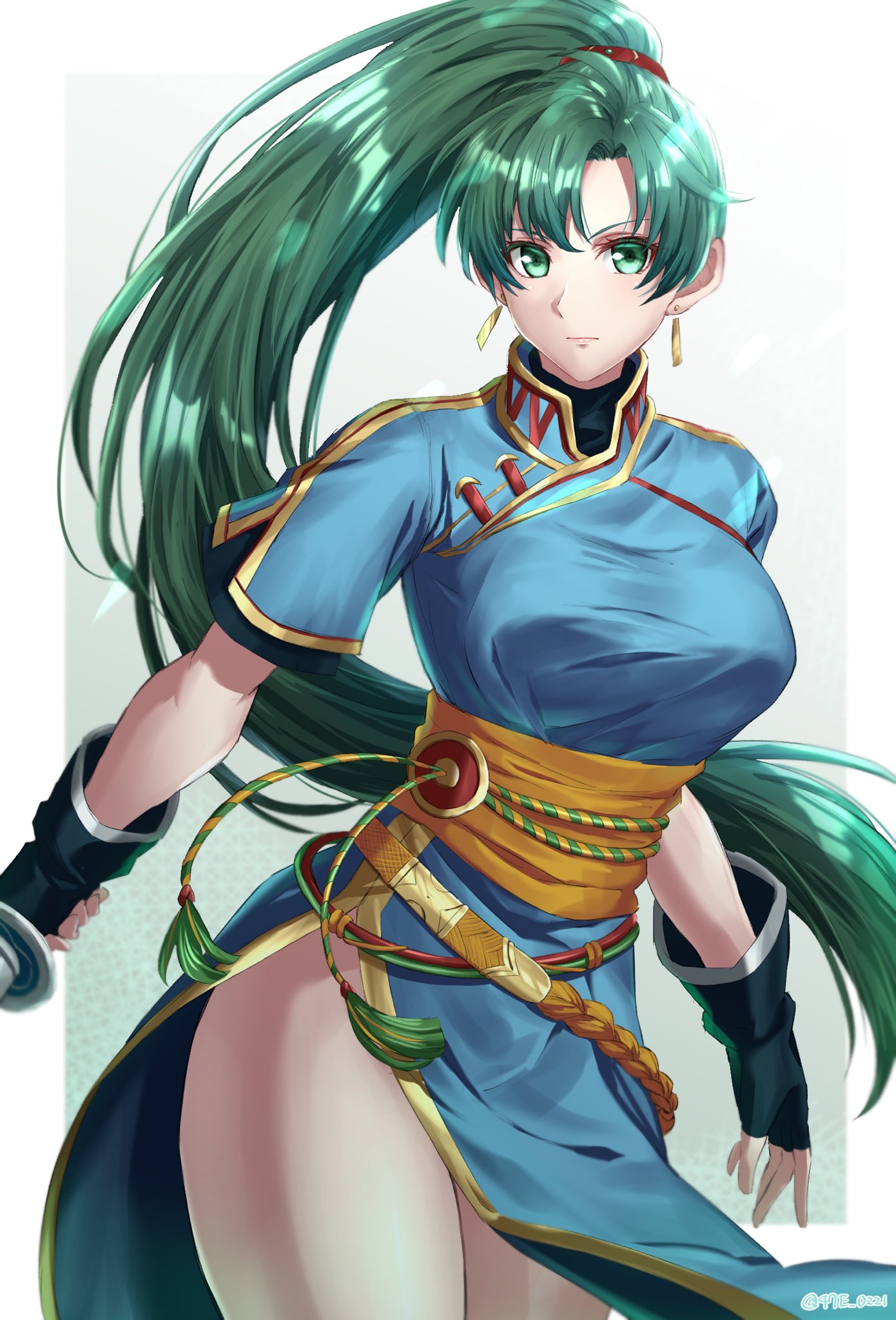 1girl black_gloves blue_dress border breasts closed_mouth dress earrings fingerless_gloves fire_emblem fire_emblem:_the_blazing_blade floating_hair gloves green_eyes green_hair hair_intakes highres holding holding_sword holding_weapon jewelry long_hair looking_at_viewer lyn_(fire_emblem) medium_breasts outside_border shinae shiny shiny_hair short_sleeves side_slit solo standing sword very_long_hair weapon white_border