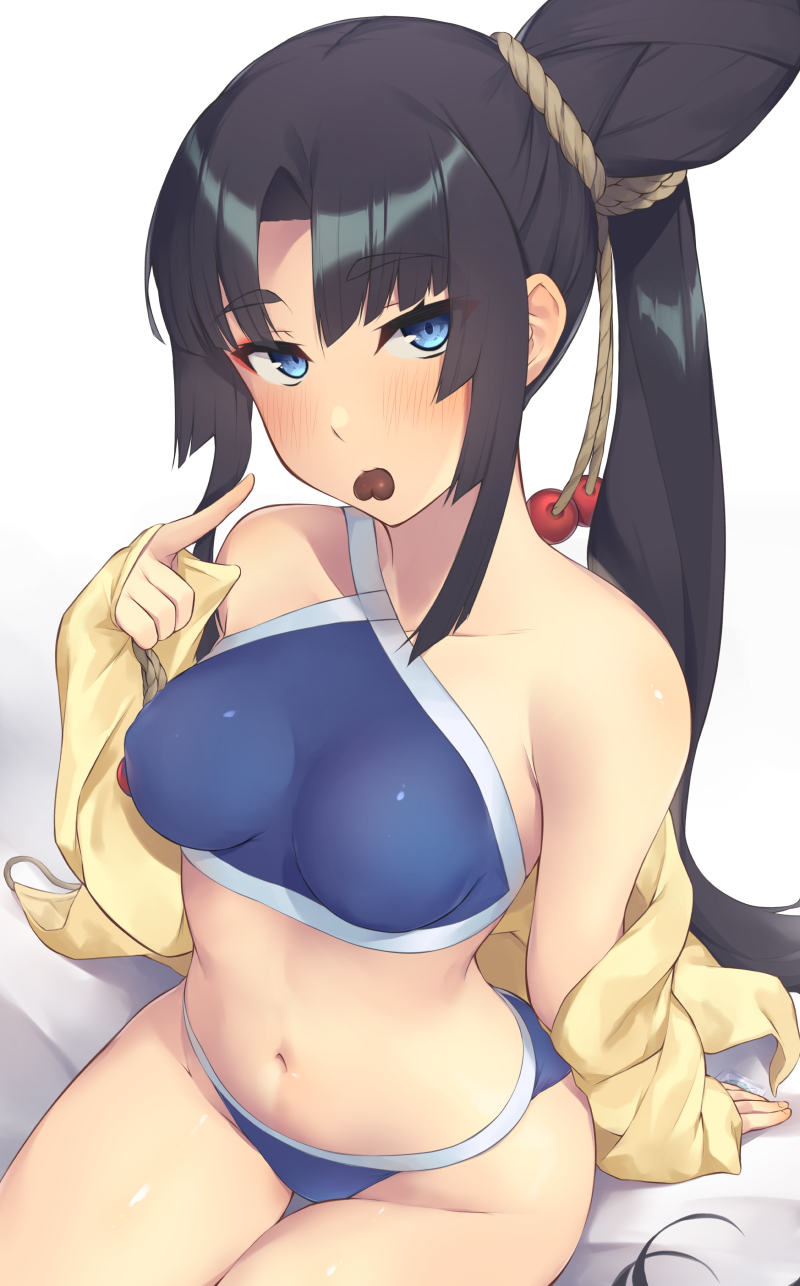 1girl bangs bare_shoulders bikini black_hair blue_bikini blue_eyes blush breasts candy chocolate chocolate_heart collarbone fate/grand_order fate_(series) food hair_bun heart highres index_finger_raised jacket large_breasts long_hair long_sleeves looking_at_viewer mouth_hold navel off_shoulder p!nta parted_bangs side_bun side_ponytail sidelocks sitting stomach swimsuit thighs ushiwakamaru_(fate) ushiwakamaru_(swimsuit_assassin)_(fate) very_long_hair yellow_jacket