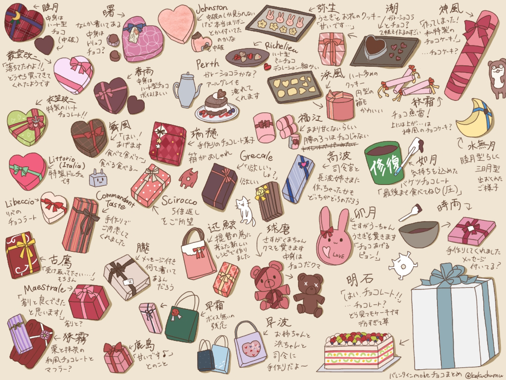 abyssal_ship animal arrow_(symbol) batsubyou beige_background bokukawauso box bucket cake candy cat character_name chocolate chocolate_heart cookie crescent crescent_pin eighth_note enemy_lifebuoy_(kancolle) food gift gift_box heart heart-shaped_box kamoku_nagi kantai_collection musical_note no_humans plate rensouhou-chan repair_bucket simple_background translation_request twitter_username valentine