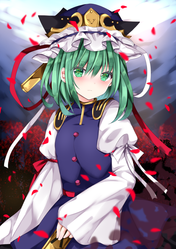 1girl bangs blue_dress blue_headwear closed_mouth dress eyebrows_visible_through_hair flower green_eyes green_hair hair_between_eyes hat holding juliet_sleeves long_sleeves looking_at_viewer nanase_nao petals puffy_sleeves red_flower red_ribbon ribbon rod_of_remorse shiki_eiki shirt sleeveless sleeveless_dress sleeves_past_wrists solo spider_lily touhou white_ribbon white_shirt wide_sleeves