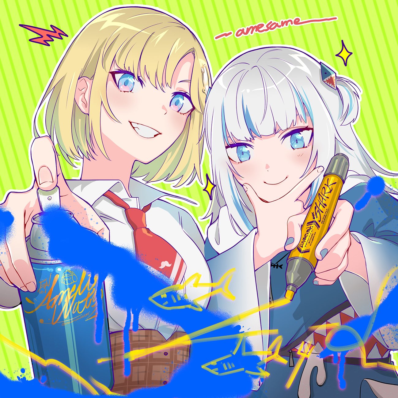 2girls blonde_hair blue_eyes blue_nails collared_shirt crow_(aaaaaaa068345) gawr_gura grey_hair grin hair_ornament hand_on_own_chin highlights highres hololive hololive_english hood hoodie marker multicolored_hair multiple_girls nail_polish necktie polearm shark shark_hair_ornament shirt short_hair smile spray_paint trident watson_amelia weapon