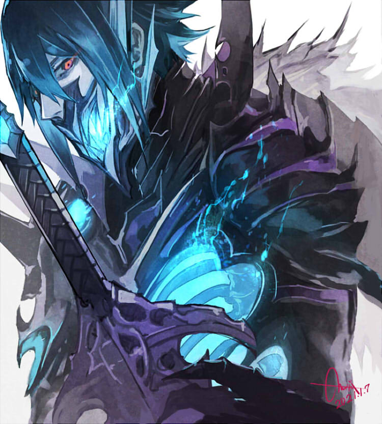 1boy armor black_armor black_hair blue_fire blue_hair bone covered_mouth fire fire_emblem fire_emblem_heroes gradient_hair hair_between_eyes horned_mask lif_(fire_emblem) looking_at_viewer male_focus mask masked mouth_mask multicolored_hair nijihayashi pale_skin red_eyes simple_background skeleton solo white_background