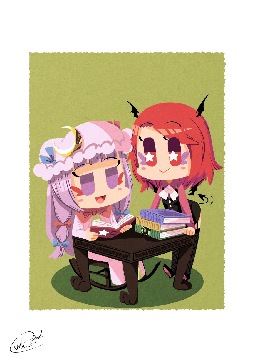 2girls :&gt; alternate_costume black_footwear black_skirt black_vest blue_bow blue_ribbon blush_stickers book book_stack border bow bowtie carte chair chibi commentary_request crescent_hat_ornament demon_tail demon_wings detached_wings dress eyeshadow fangs fangs_out fishnet_legwear fishnets full_body garter_belt green_background hair_bow hat hat_ribbon head_wings high_heels highres holding holding_book koakuma long_hair long_sleeves makeup mob_cap multiple_girls open_mouth patchouli_knowledge pink_dress pink_headwear purple_eyeshadow purple_hair red_bow red_eyes red_eyeshadow red_neckwear red_ribbon red_shirt redhead ribbon rocking_chair shirt shoes signature skirt smile solid_oval_eyes star-shaped_pupils star_(symbol) symbol-shaped_pupils table tail thigh-highs touhou vest violet_eyes white_border white_neckwear wings