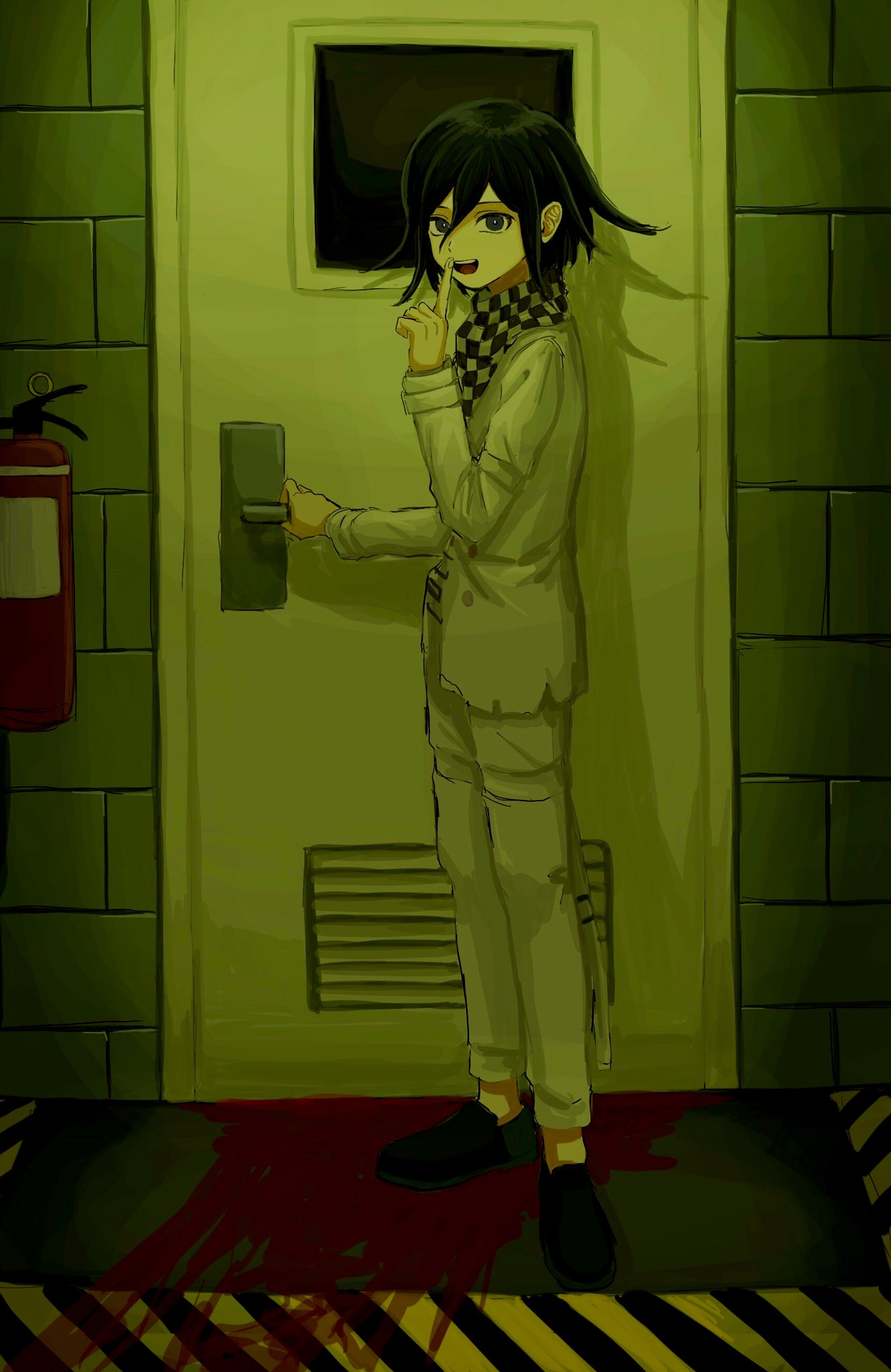 1boy :d bangs blood braid checkered checkered_neckwear checkered_scarf dangan_ronpa_(series) dangan_ronpa_v3:_killing_harmony door fire_extinguisher full_body green_theme hair_between_eyes hand_up highres index_finger_raised indoors jacket long_sleeves male_focus open_mouth ouma_kokichi pants renshu_usodayo scarf shoes short_hair smile solo stone_wall upper_teeth wall white_jacket