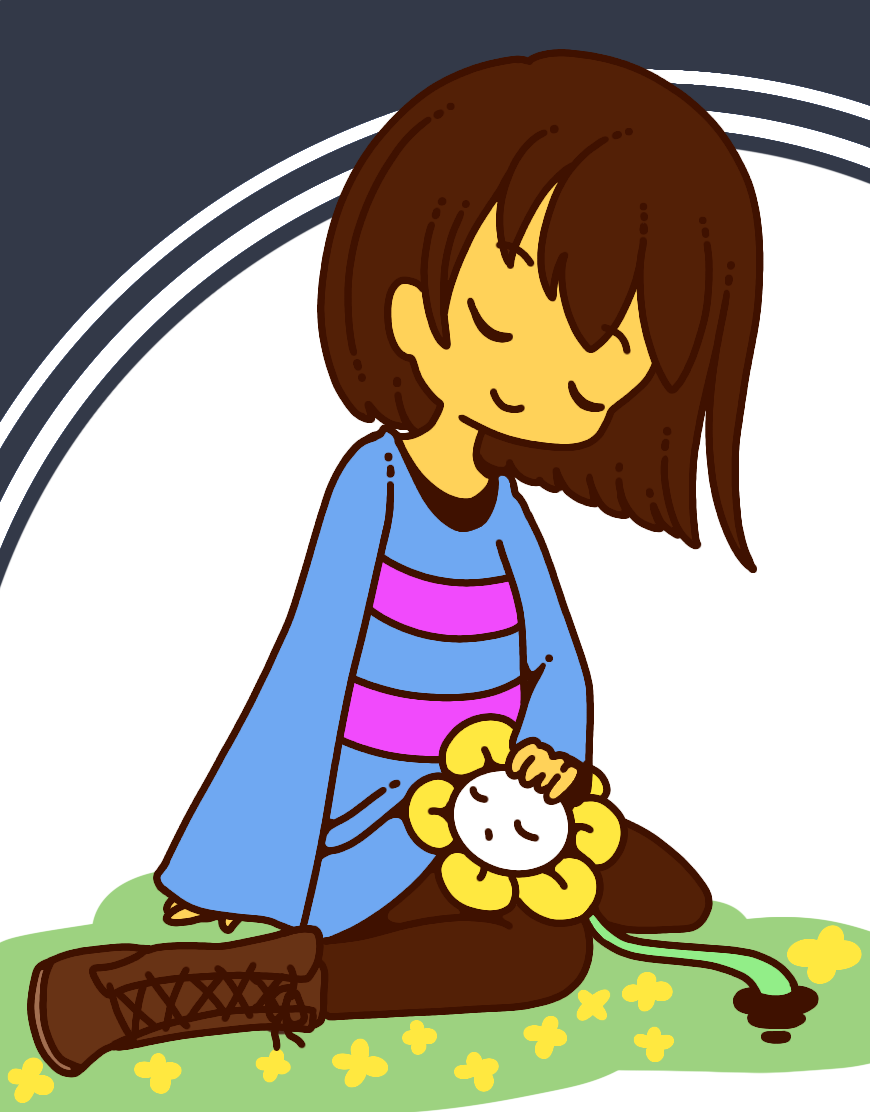 1other androgynous bangs blue_shirt boots brown_footwear brown_hair brown_pants closed_eyes closed_mouth colored_skin commentary_request cross-laced_footwear eyebrows_visible_through_hair flower flowey_(undertale) frisk_(undertale) full_body grass hand_on_another's_head happy lap_pillow muguet pants shirt short_hair sitting sleeping sleeves_past_wrists smile striped striped_shirt two-tone_background undertale wariza yellow_flower yellow_skin