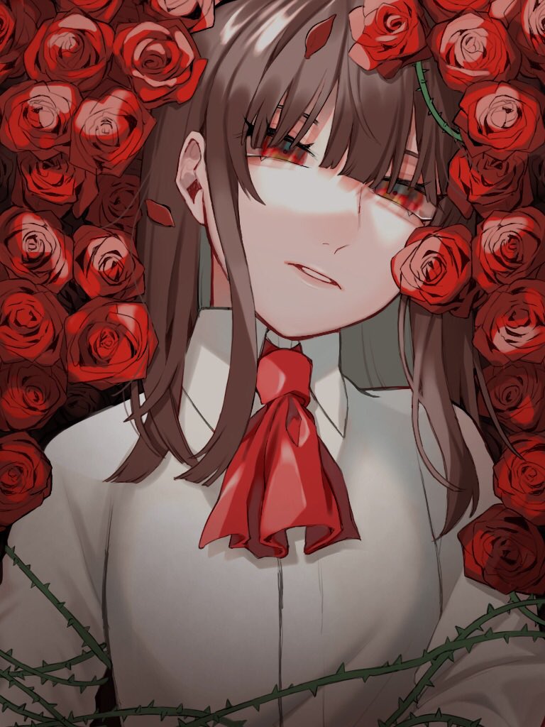 1girl ascot bangs blunt_bangs breasts brown_hair collarbone commentary_request copyright_request flower grey_shirt long_hair looking_at_viewer niwatori_panda plant red_eyes red_flower red_neckwear red_rose rose shirt solo thorns upper_body