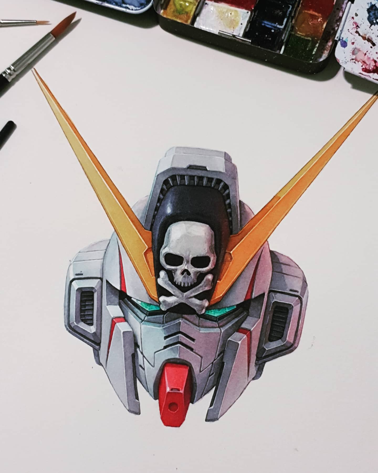 aqua_eyes crossbone_gundam crossbone_gundam_x-1 gundam head_only hector_trunnec highres looking_at_viewer mecha mobile_suit no_humans paintbrush photo_(medium) skull_and_crossbones solo traditional_media v-fin watercolor_(medium)