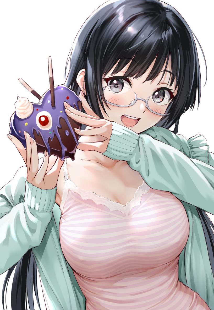 1girl aqua_cardigan armpit_peek bangs black_hair blush breasts camisole candy cardigan chocolate chocolate_heart collarbone commentary_request covered_nipples eyebrows_visible_through_hair fingernails food grey-framed_eyewear grey_eyes hands_up head_tilt heart holding holding_food long_hair long_sleeves looking_at_viewer love_live! love_live!_nijigasaki_high_school_idol_club medium_breasts nail_polish nakagawa_nana open_cardigan open_clothes open_mouth pink_camisole pink_nails pocky sankuro_(agoitei) semi-rimless_eyewear shiny shiny_hair simple_background sleeves_past_wrists smile solo spaghetti_strap striped_camisole symbol_commentary under-rim_eyewear upper_body upper_teeth valentine very_long_hair white_background yuuki_setsuna_(love_live!)