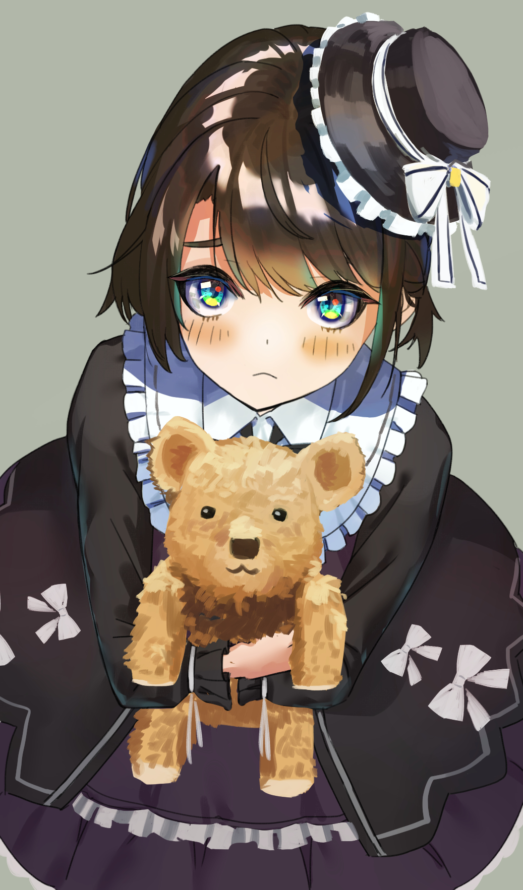 1girl big_eyes blush bow bowtie collar dress from_above gothic gothic_lolita hat hat_ribbon highres hololive lolita_fashion looking_at_viewer multicolored multicolored_eyes oozora_subaru ribbon short_hair solo solo_focus stuffed_animal stuffed_toy teddy_bear yama_narashi