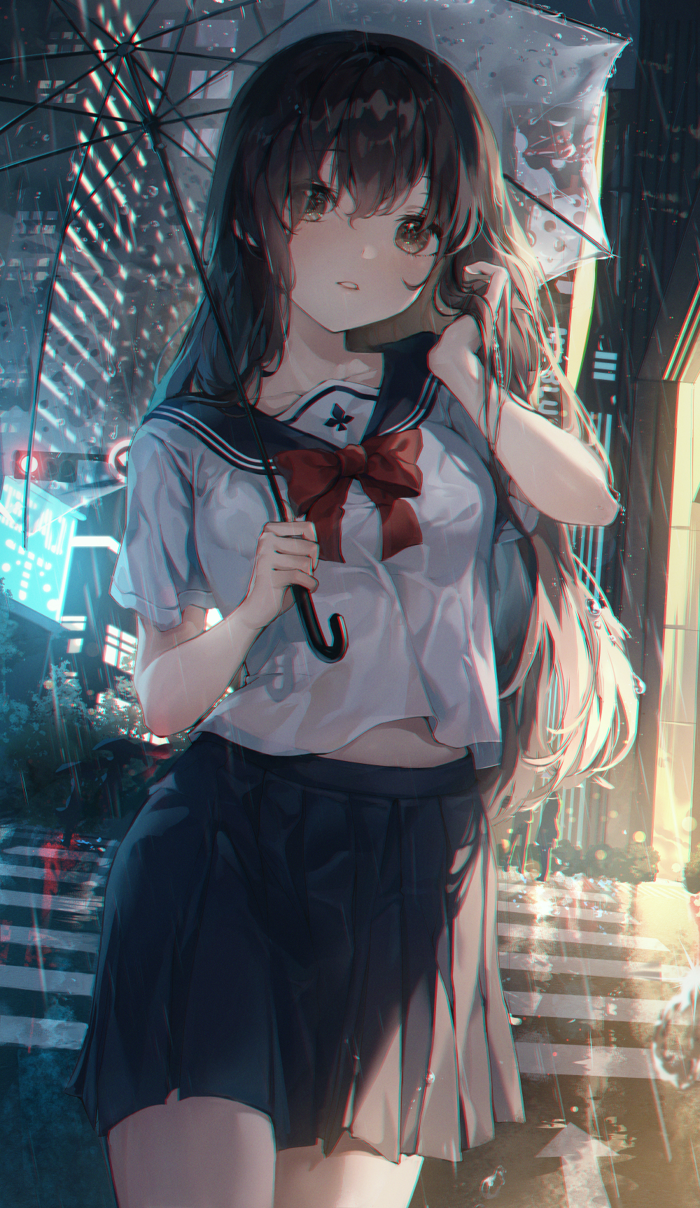 1girl adjusting_hair blue_sailor_collar blue_skirt blush bow bowtie breasts brown_eyes brown_hair building chromatic_aberration city commentary_request cowboy_shot crosswalk dutch_angle hair_between_eyes hand_in_hair highres holding holding_umbrella leaning_to_the_side long_hair looking_at_viewer medium_breasts midriff_peek miniskirt night original outdoors parted_lips pleated_skirt rain red_bow red_neckwear road sailor_collar school_uniform serafuku shirt short_sleeves skirt skyscraper solo standing street transparent transparent_umbrella ttosom umbrella uniform white_shirt