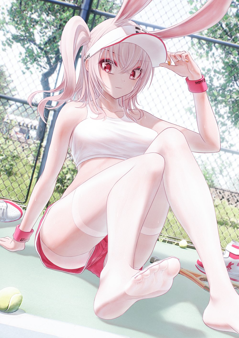 1girl animal_ears ass bae.c ball bare_arms bare_shoulders blurry breasts chain-link_fence crop_top depth_of_field dutch_angle eyeshadow feet fence hand_on_headwear hand_up highres large_breasts lirin_(bae.c) long_hair looking_at_viewer makeup midriff no_shoes one_side_up panties pink_hair rabbit_ears red_eyes red_shorts shirt shoes shoes_removed short_shorts shorts sleeveless sleeveless_shirt sneakers solo sports_bra sweat sweatband tennis_ball thigh-highs thighs tsumi_no_hahen_(debris) underwear visor_cap white_legwear white_panties white_shirt