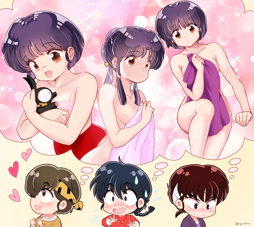 1girl 3boys \m/ animal black_eyes black_hair blurry blush bob_cut bokeh bra braid braided_ponytail brown_eyes brown_hair buruma chibi chinese_clothes closed_mouth constricted_pupils cyocomi4 depth_of_field double_\m/ eyebrows_visible_through_hair fang flying_sweatdrops hair_up headband heart hibiki_ryouga holding holding_animal imagining knee_up long_sleeves looking_at_another looking_at_viewer love_triangle medium_hair multiple_boys multiple_persona naked_towel piglet pink_bra ponytail ranma_1/2 red_buruma saotome_ranma shinnosuke short_hair sidelocks single_braid smile sparkle sweatdrop tangzhuang tendou_akane towel twitter_username underwear white_headband yellow_headband yellow_shawl