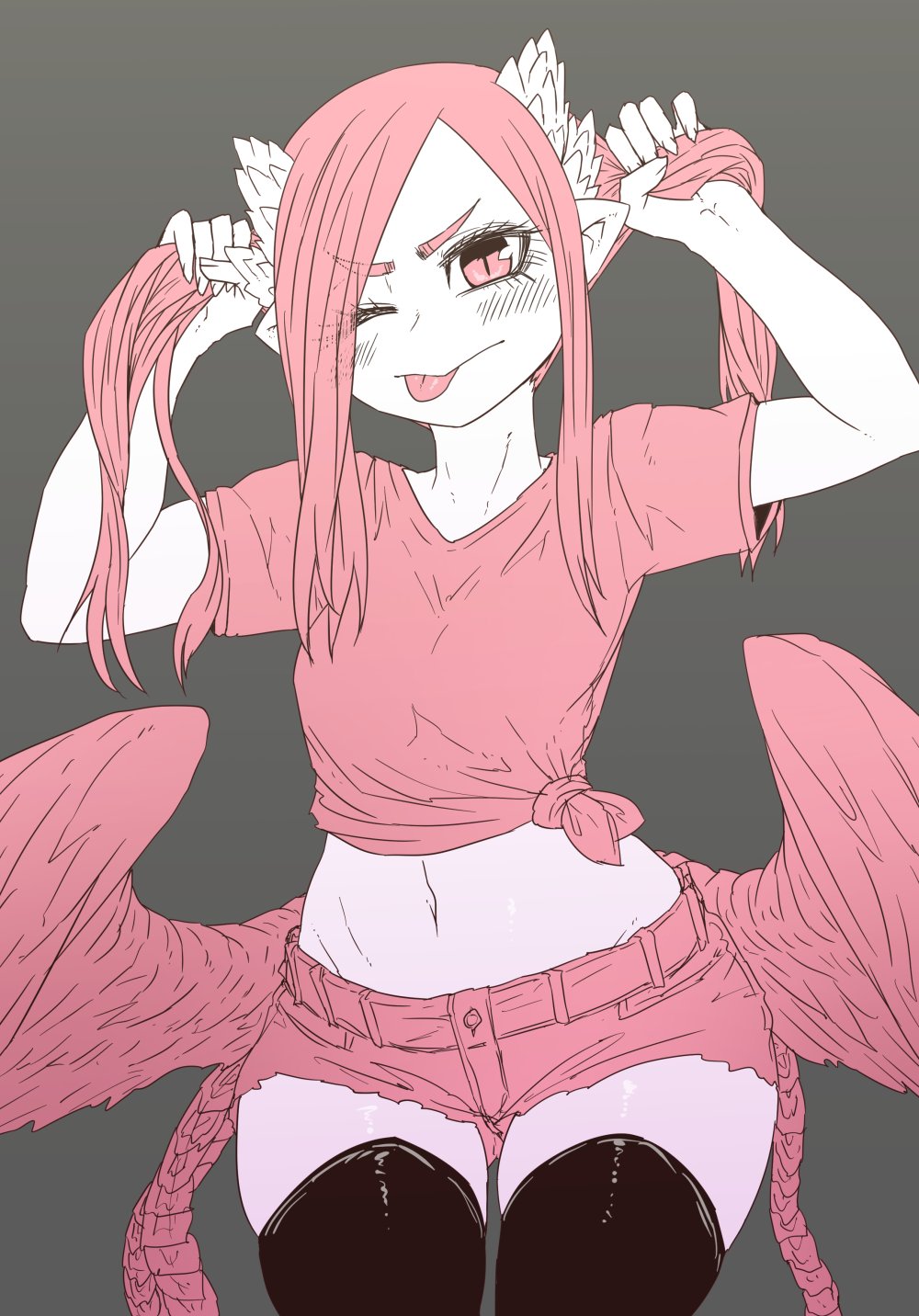 1girl adjusting_hair belt black_legwear breasts colored_skin denim denim_shorts feathered_wings grey_background hair_over_one_eye highres juugoya_(zyugoya) limited_palette long_hair musuko_ga_kawaikute_shikatanai_mazoku_no_hahaoya one_eye_closed pink_belt pink_eyes pink_hair pink_shirt pink_shorts pink_wings pun shirt shorts small_breasts thigh-highs thighs tongue valentine valentine_(mazohaha) white_skin wings